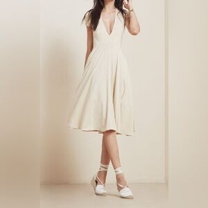 -Reformation Holiday Ivory with Black Pattern A Line Low V -Neck Dress X-Small